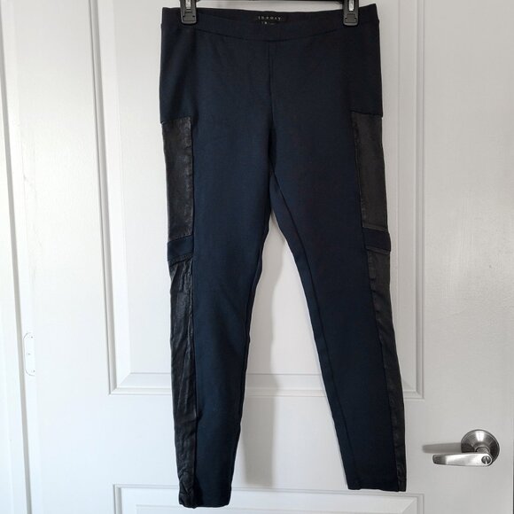 Theory Hasna Rave Leather-Trim Dark Navy Jersey Leggings - Picture 2 of 6